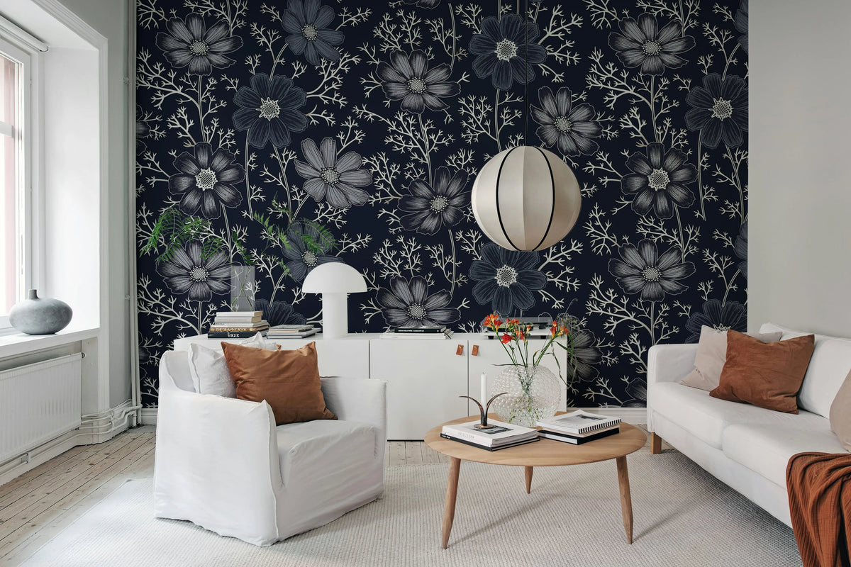 Grand Flowers, Blue Mural Wallpaper - room preview 02