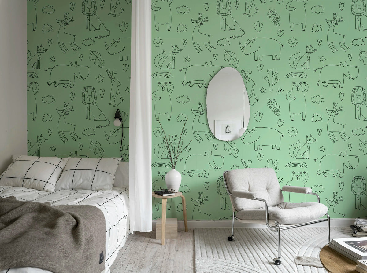 Sketches, Green Mural Wallpaper - room preview 02