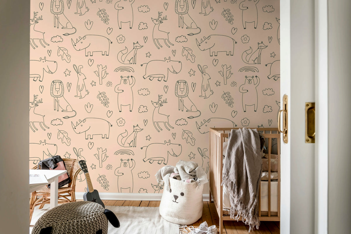 Sketches, Pink Mural Wallpaper - room preview 02