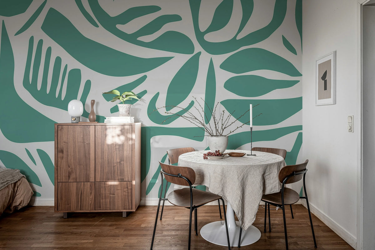 Abstract Leafs, Turquoise Mural Wallpaper - room preview 02