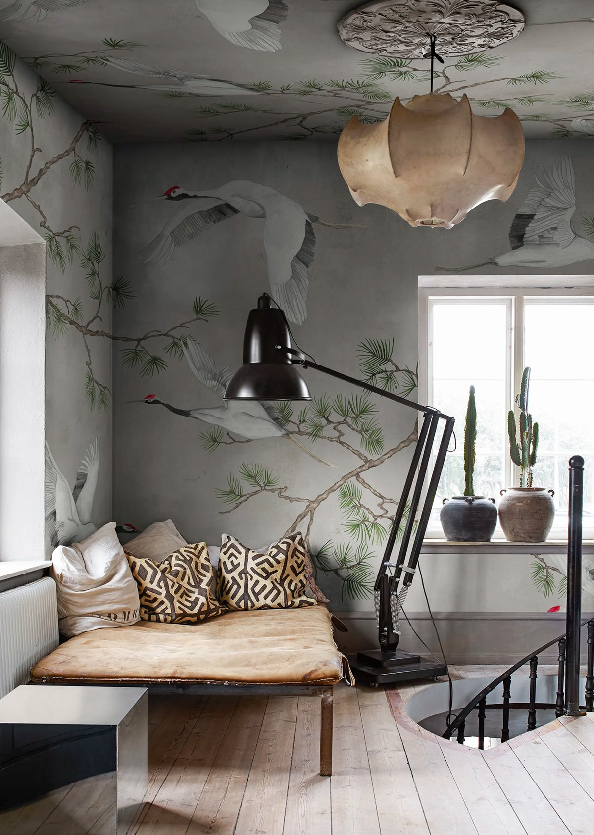 Majestic Cranes, Beige Mural Wallpaper - room preview 02