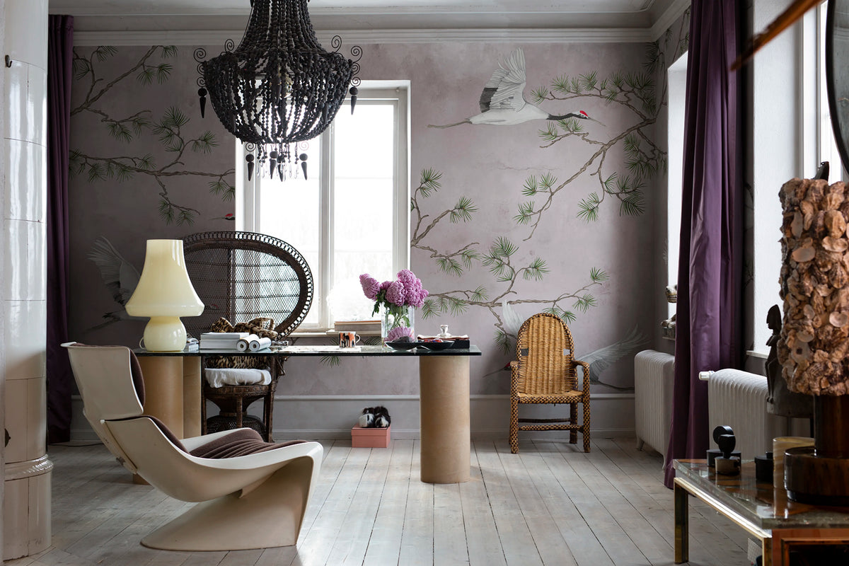 Majestic Cranes, Pink Mural Wallpaper - room preview 02