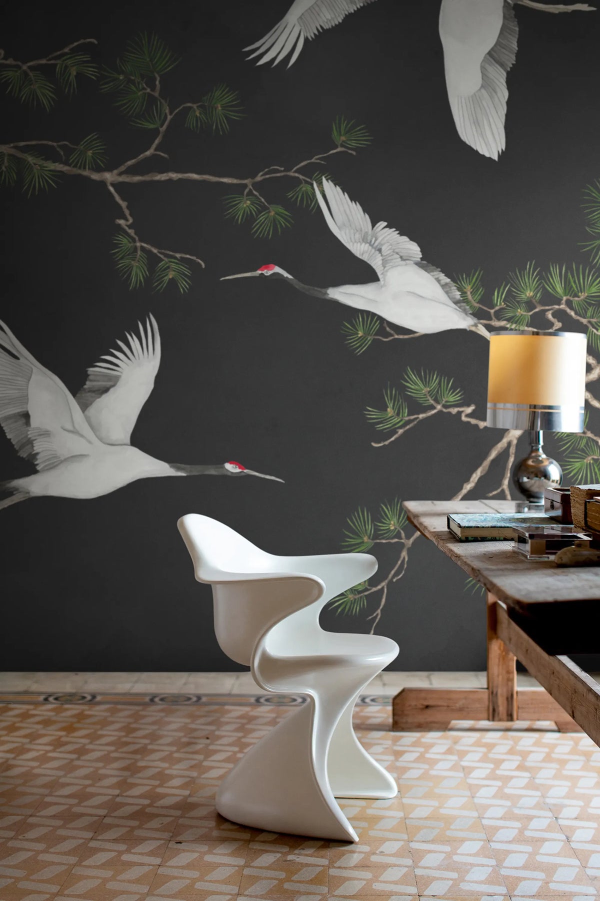 Majestic Cranes, Black Mural Wallpaper - room preview 02