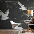 Majestic Cranes, Black Mural Wallpaper - room preview 02