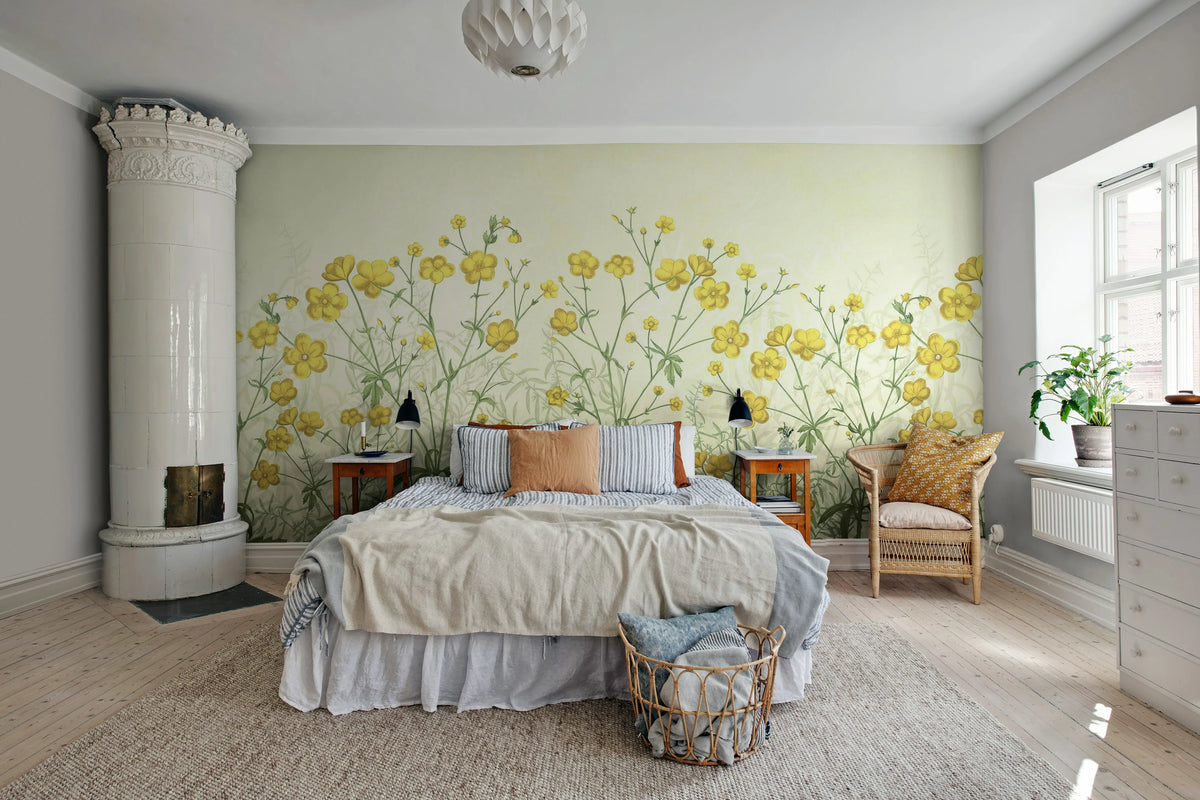 Vintage Buttercups, Yellow Mural Wallpaper - room preview 02