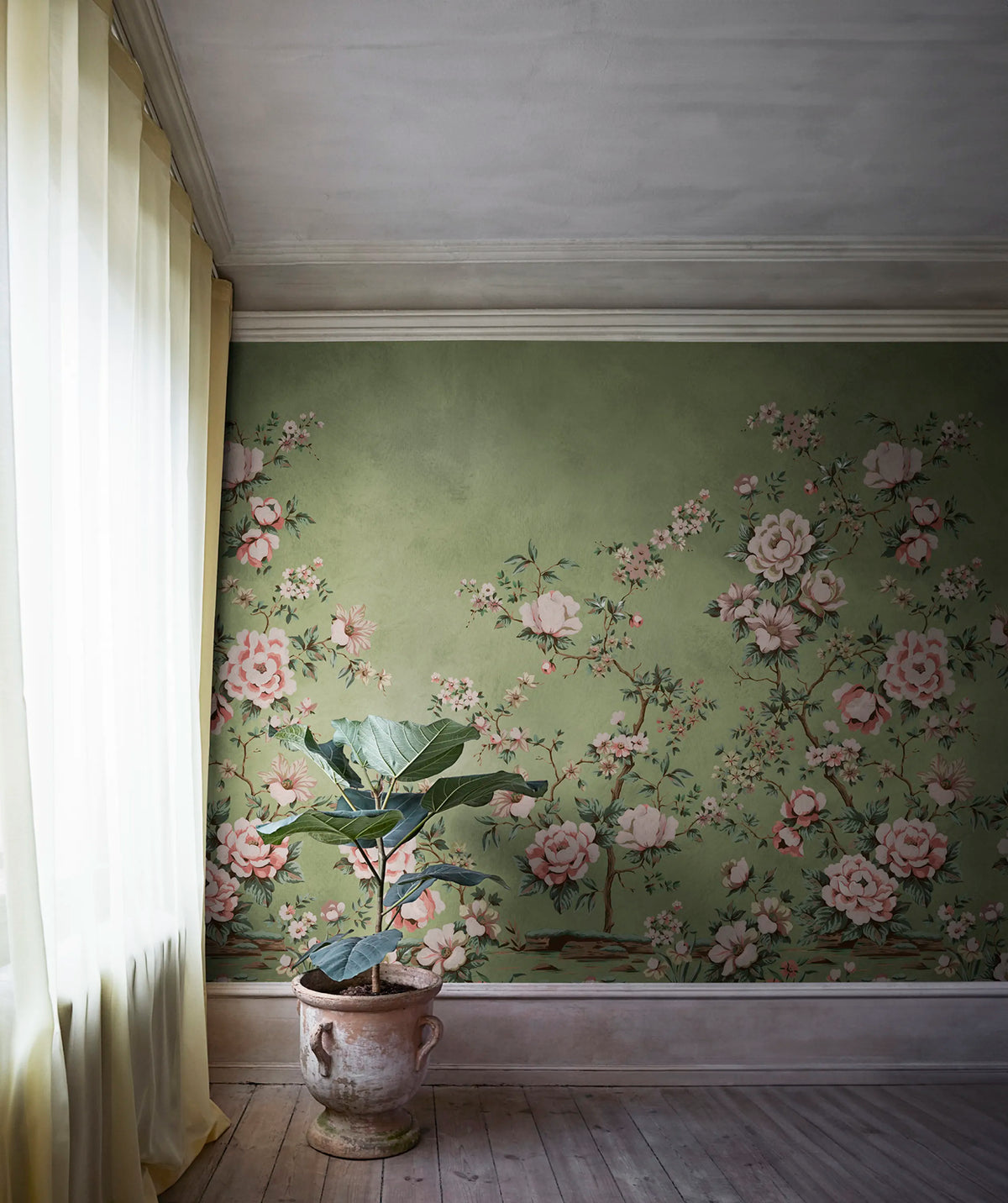 Floral Chinoiserie, Green Mural Wallpaper - room preview 02