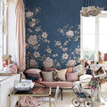 Floral Chinoiserie, Dark Blue Mural Wallpaper - room preview 02