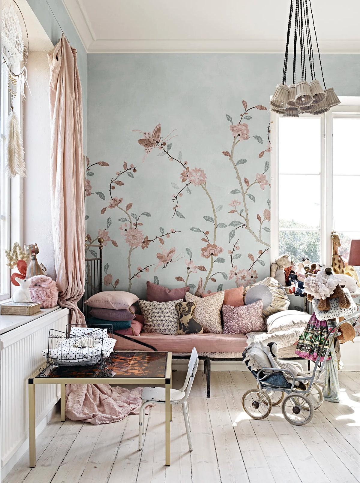 Whispering Petals, Light Blue Mural Wallpaper - room preview 02