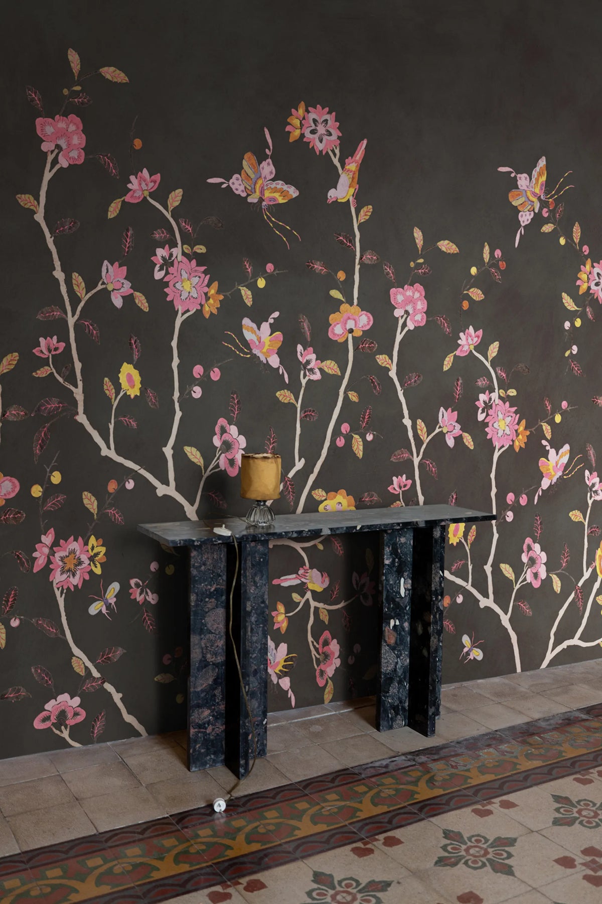Whispering Petals, Black Mural Wallpaper - room preview 02