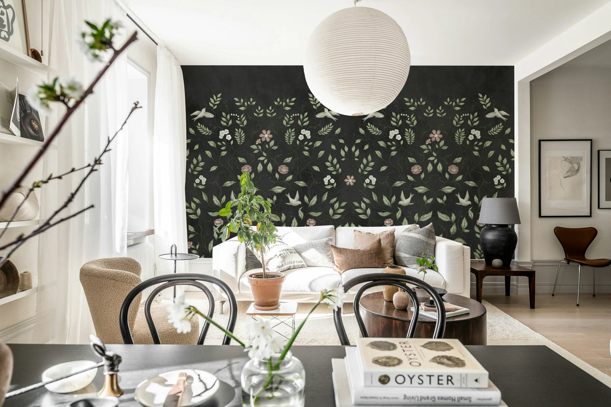 Serene Garden, Black Mural Wallpaper - room preview 02