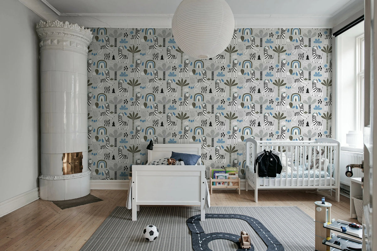 Happy Zebra, Blue Mural Wallpaper - room preview 02