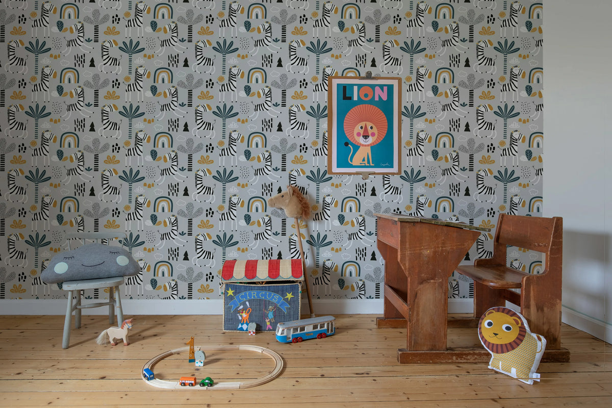 Happy Zebra, Gray Mural Wallpaper - room preview 02