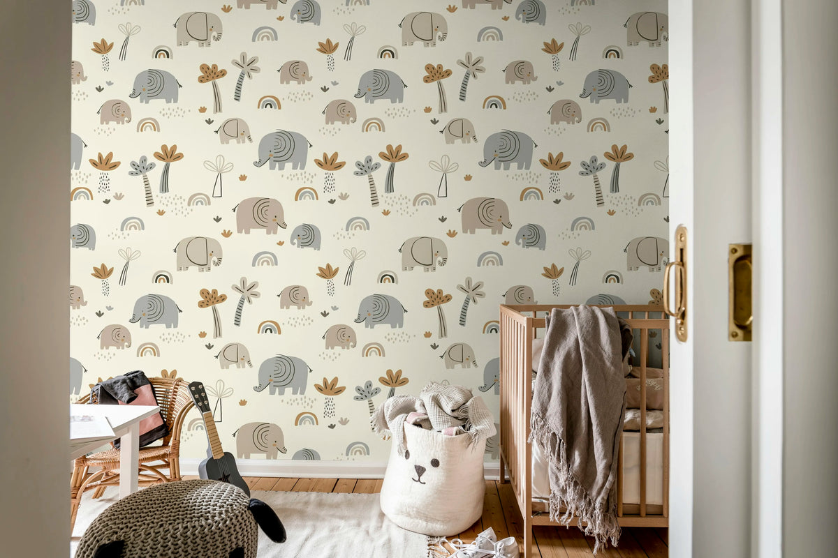 Elephant Savanna, Beige Mural Wallpaper - room preview 02