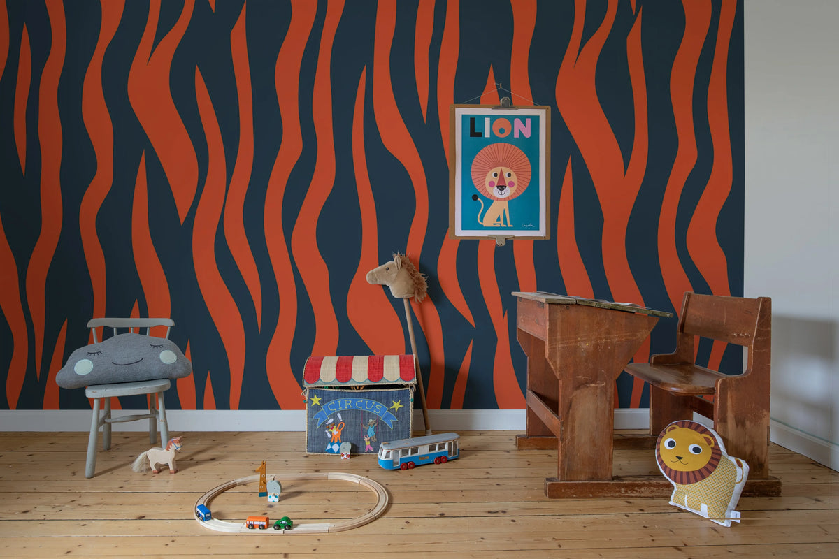 Zebra Lines, Blue & Red Mural Wallpaper - room preview 02