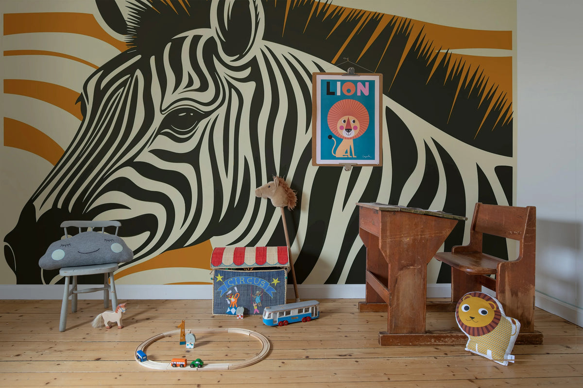 Zebra, Orange Mural Wallpaper - room preview 02