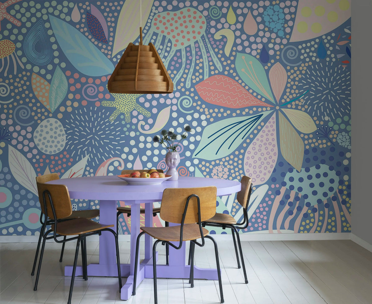 Flower Art, Blue Mural Wallpaper - room preview 02