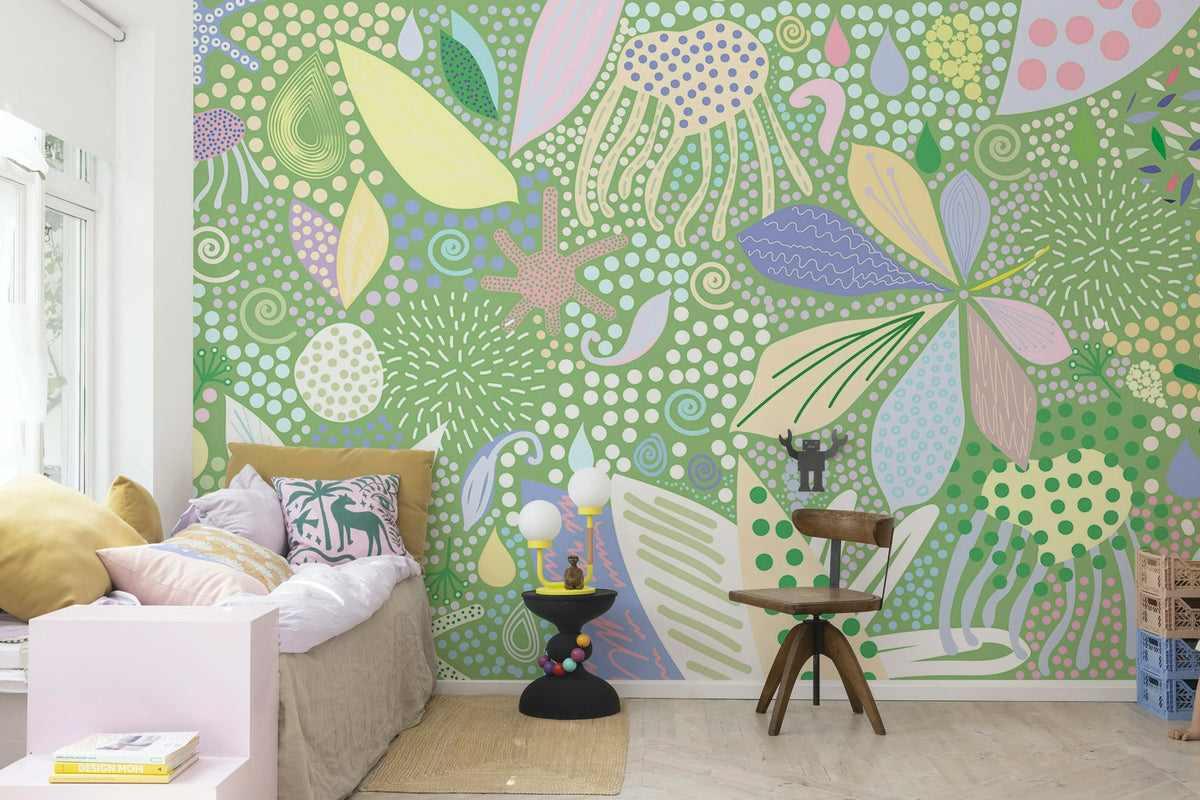 Flower Art, Green Mural Wallpaper - room preview 02
