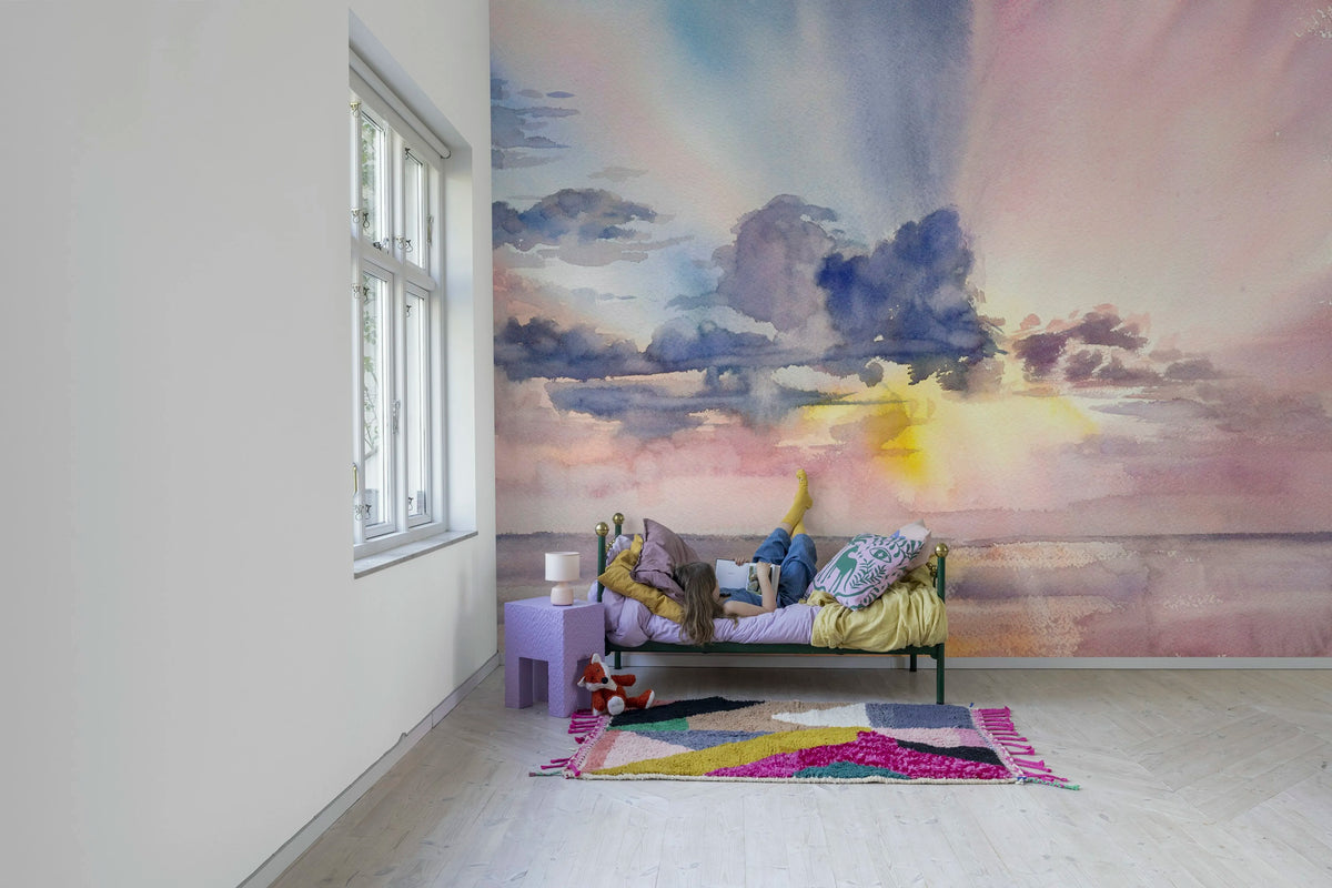 Watercolor Sky, Pink Mural Wallpaper - room preview 02