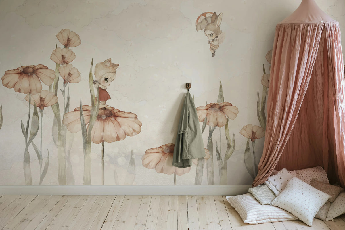 Bloomy Fields of Marion, Off White Mural Wallpaper - room preview 02