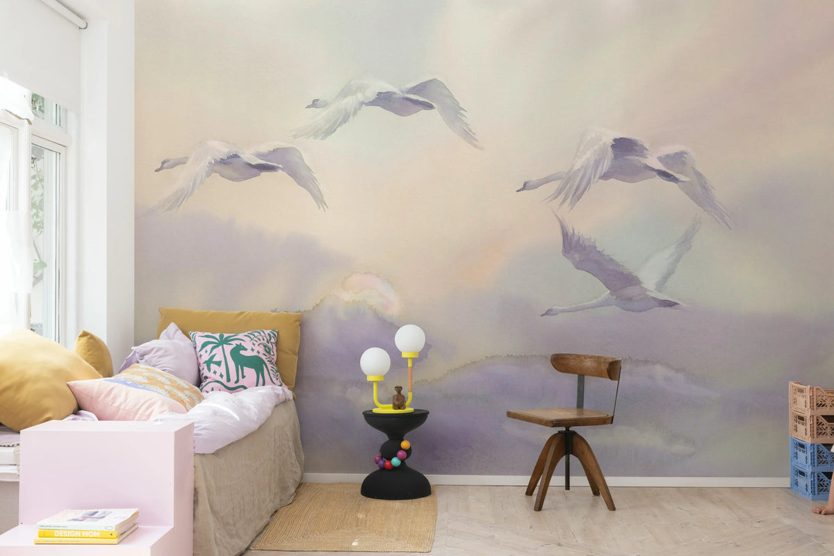 Flying Swans, Pastel Mural Wallpaper - room preview 02