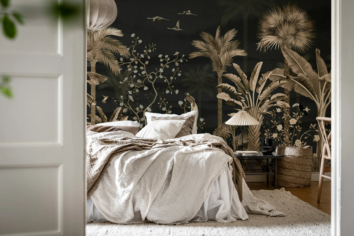 Magnolia Jungle, Black Mural Wallpaper - room preview 02