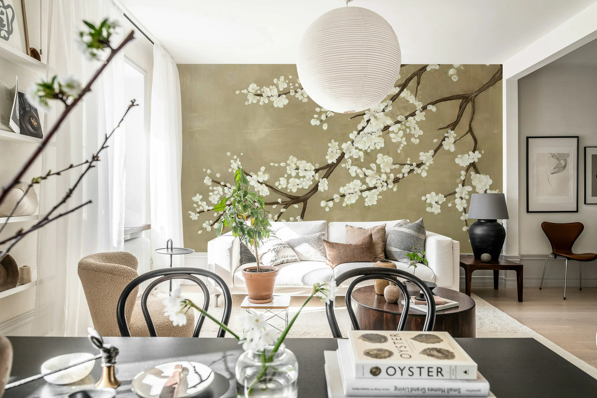 Sakura Branch, Beige Mural Wallpaper - room preview 02