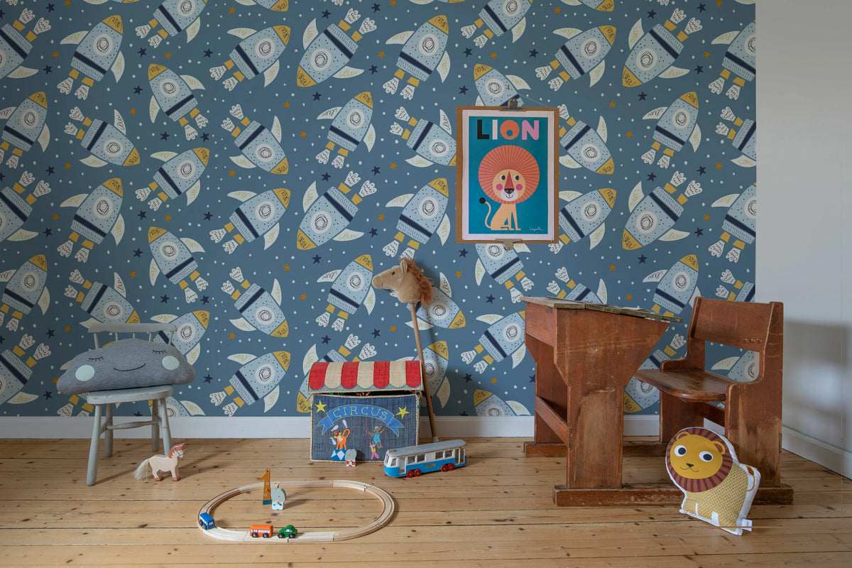 Rockets, Blue Mural Wallpaper - room preview 02