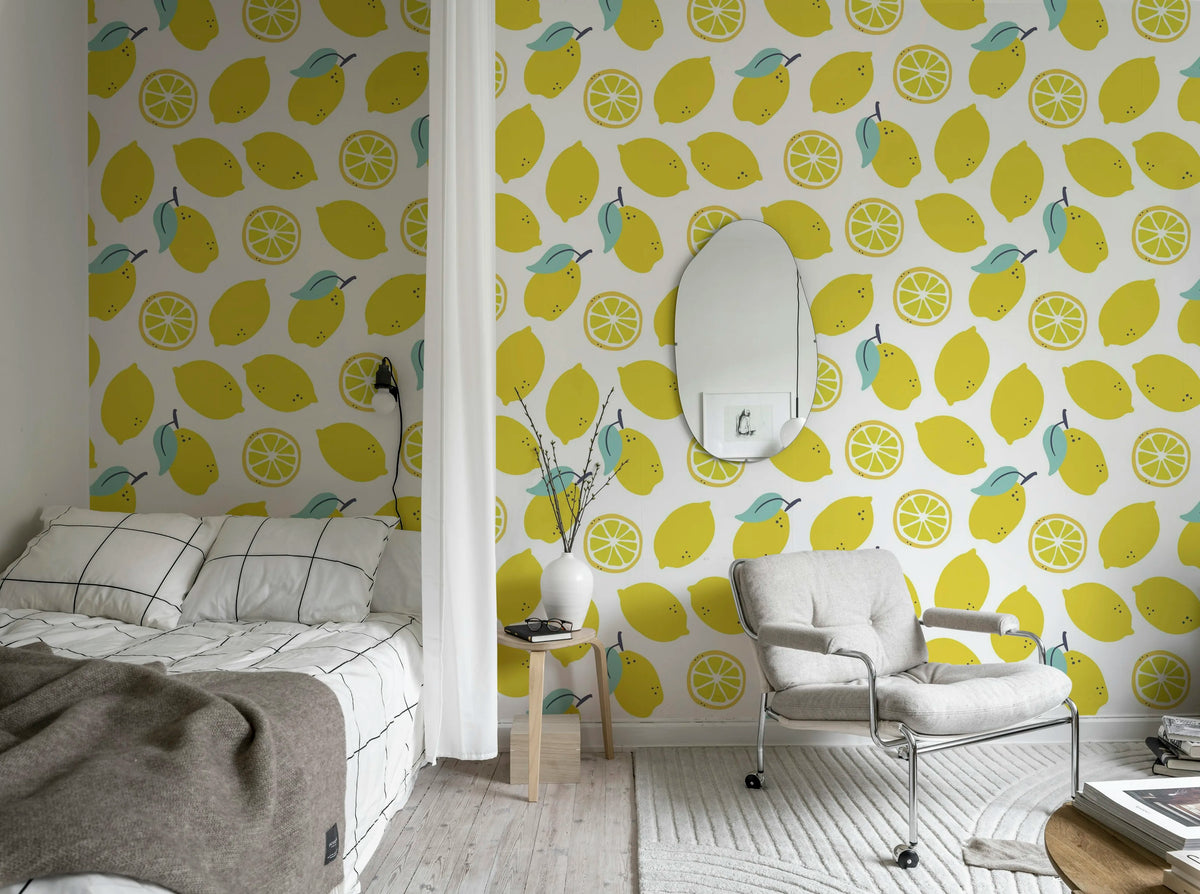 Lemons, Yellow Mural Wallpaper - room preview 02