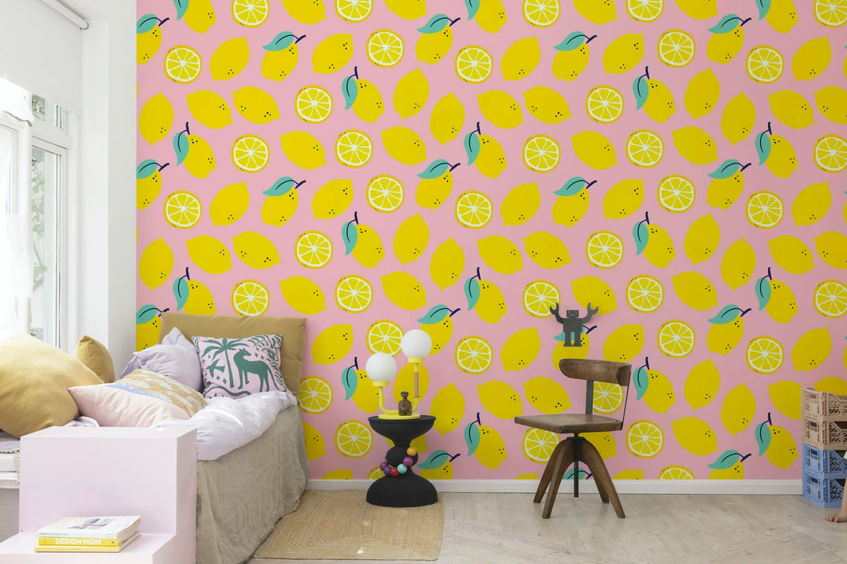 Lemons, Pink Mural Wallpaper - room preview 02