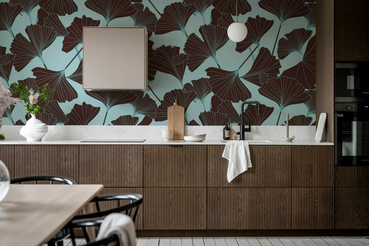 Big Ginko, Turquoise Mural Wallpaper - room preview 02