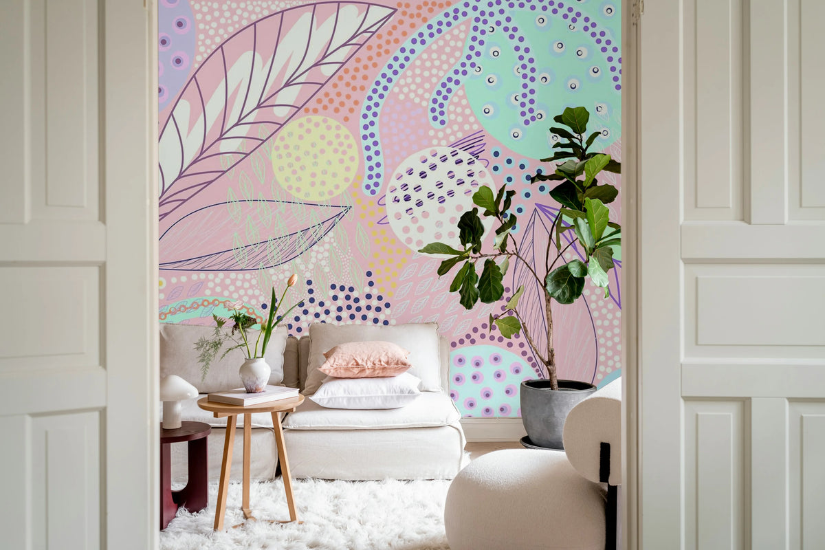 Artsy Leafs, Pink Mural Wallpaper - room preview 02