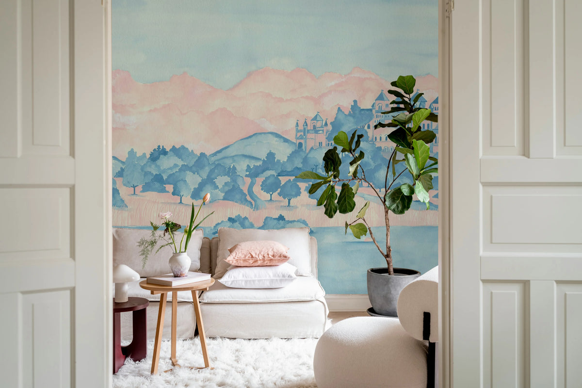 Castle By The Lake, Pink & Blue Mural Wallpaper - room preview 02