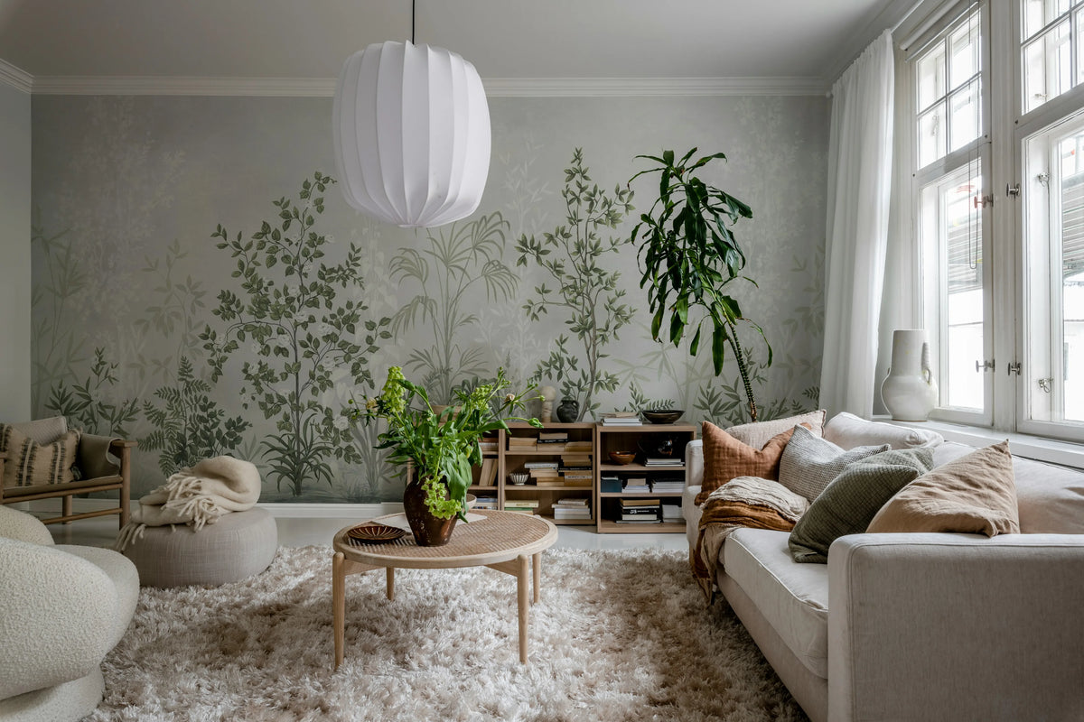 Chinoiserie Haze, Sage Green Mural Wallpaper - room preview 02