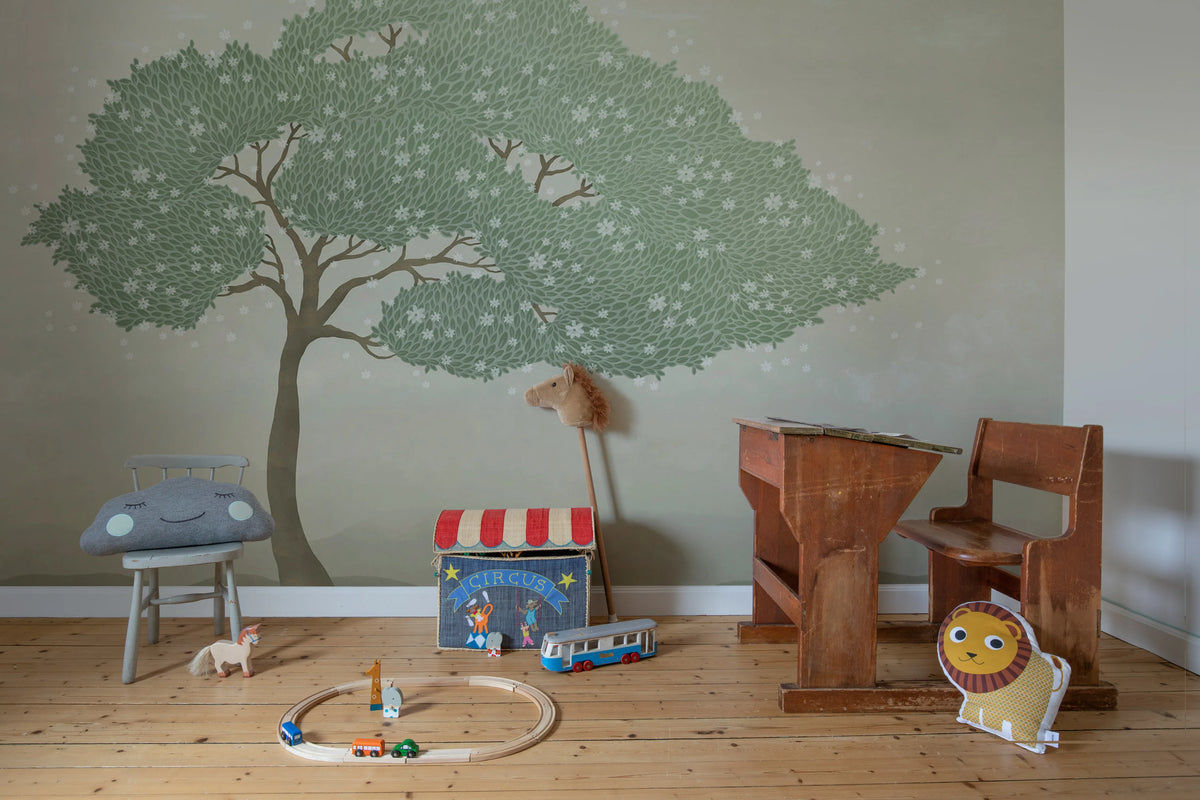 Windy Tree, Light Green Mural Wallpaper - room preview 02