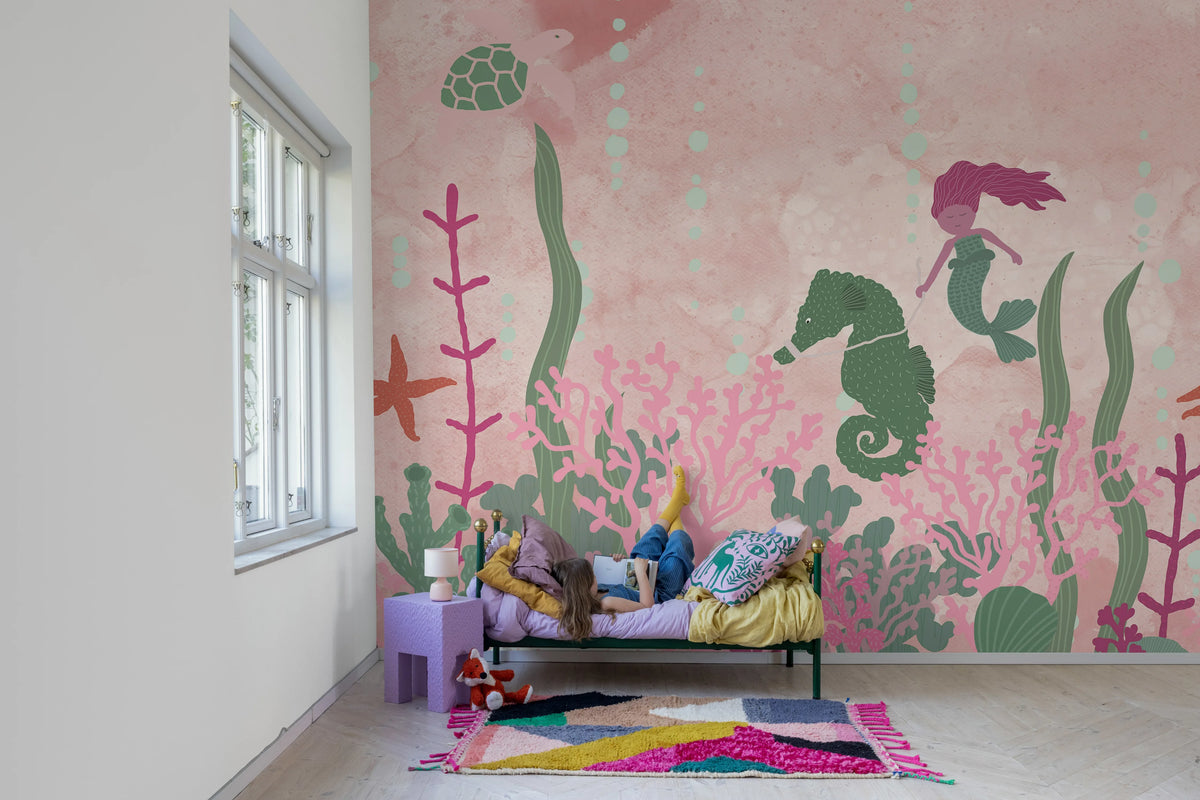 Mermaid World, Pink Mural Wallpaper - room preview 02