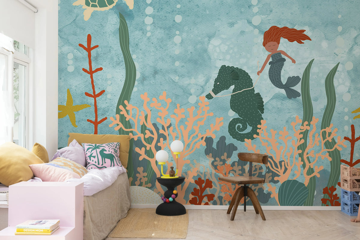 Mermaid World, Blue Mural Wallpaper - room preview 02