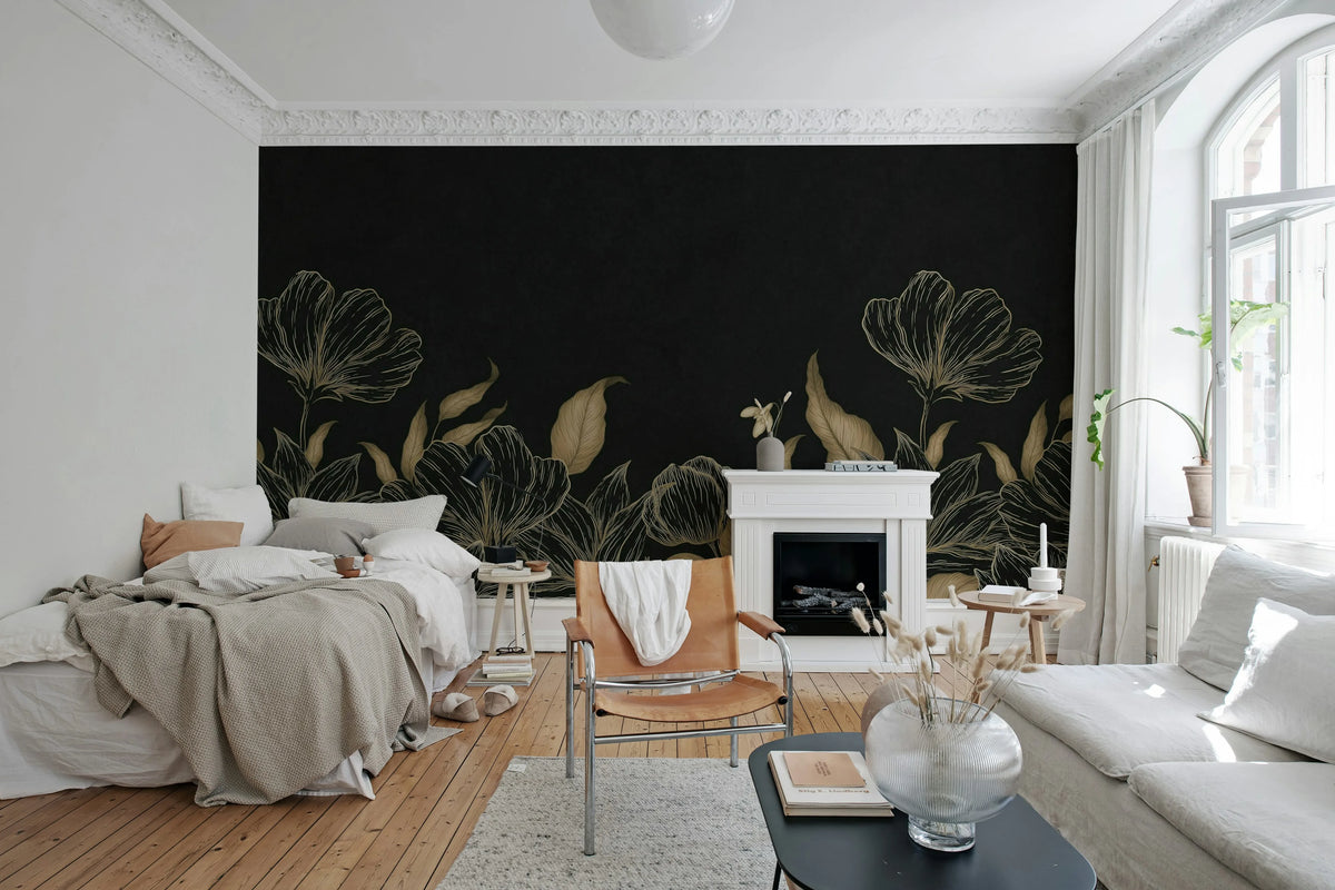 Floral Fantasy, Black Mural Wallpaper - room preview 02