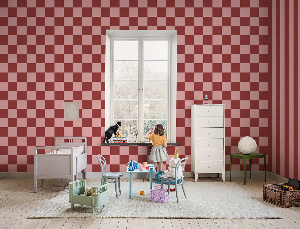 Happy Squares, Raspberry Mural Wallpaper - room preview 02