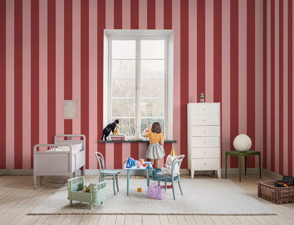 Happy Stripes, Raspberry Mural Wallpaper - room preview 02