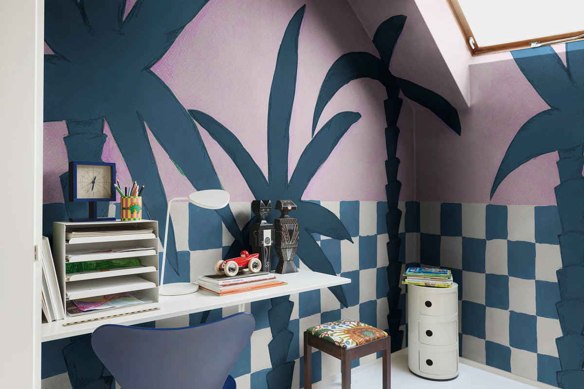 Palm Horizon, Blue & Pink Mural Wallpaper - room preview 02