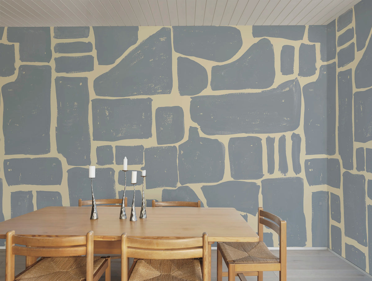 Block Print, Blue & Yellow Mural Wallpaper - room preview 02