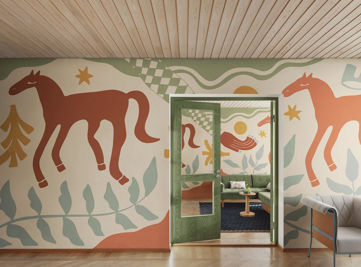 Emmas Horses, Red & Green Mural Wallpaper - room preview 02