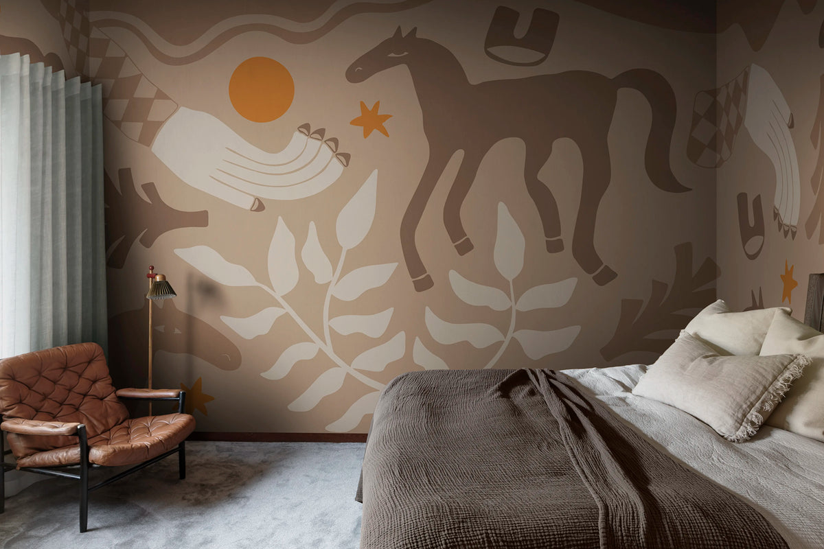 Emmas Horses, Brown Mural Wallpaper - room preview 02