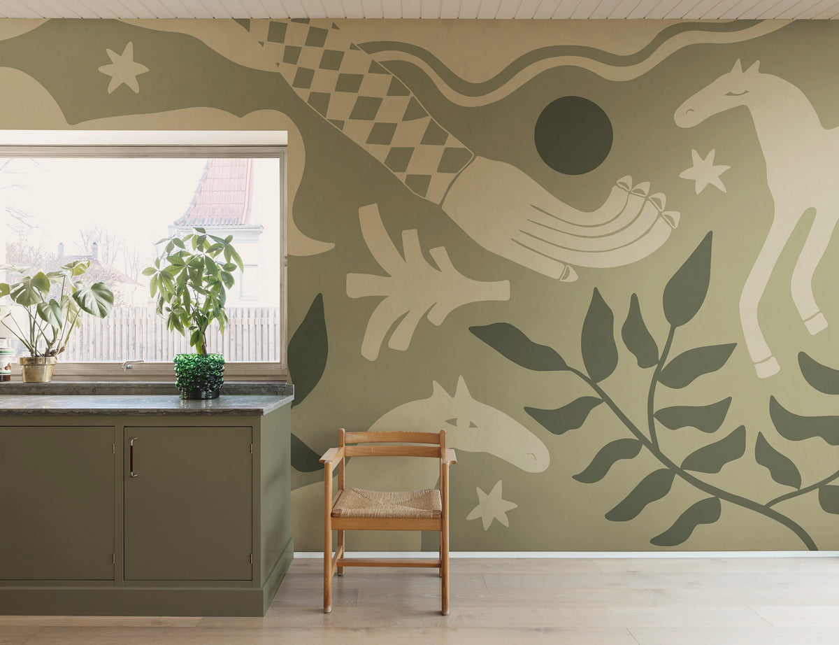 Emmas Horses, Green Mural Wallpaper - room preview 02