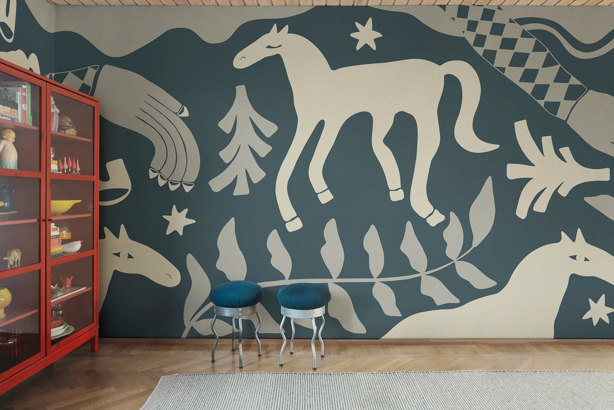 Emmas Horses, Blue Mural Wallpaper - room preview 02