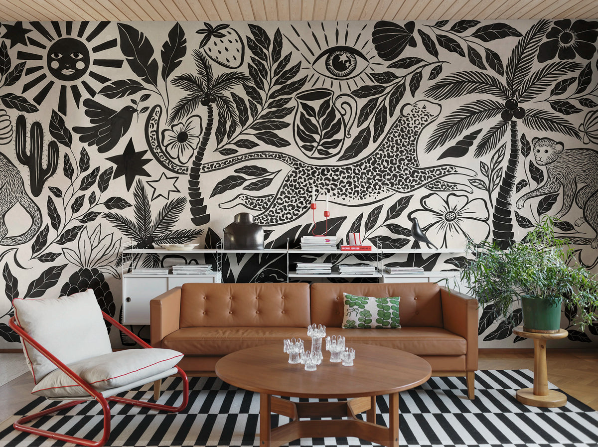 Midnight Tropics, Black & White Mural Wallpaper - room preview 02