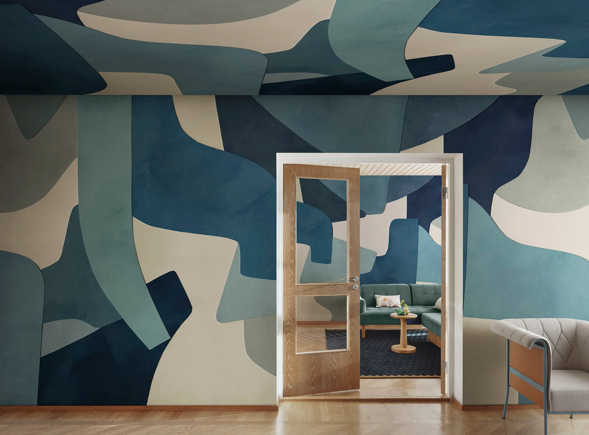 Serene Layers, Blue Mural Wallpaper - room preview 02
