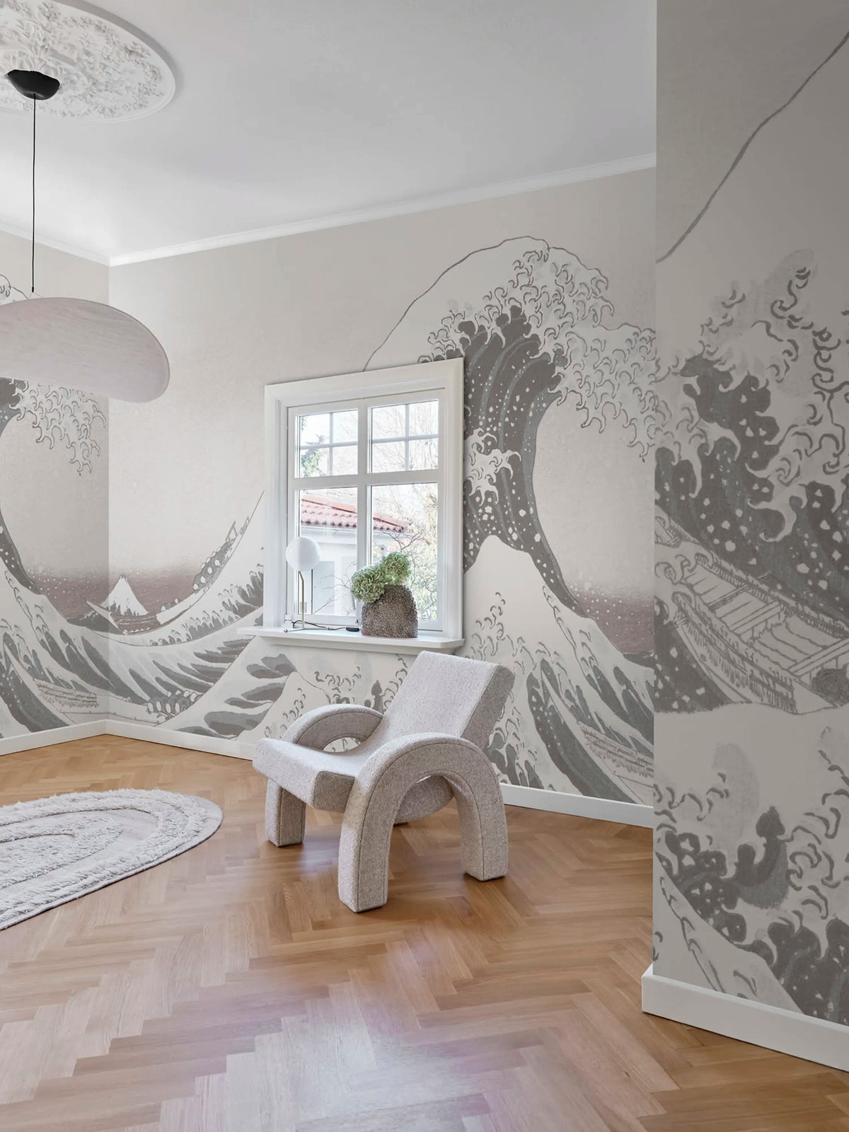 Under the Wave off Kanagawa, White Mural Wallpaper - room preview 02