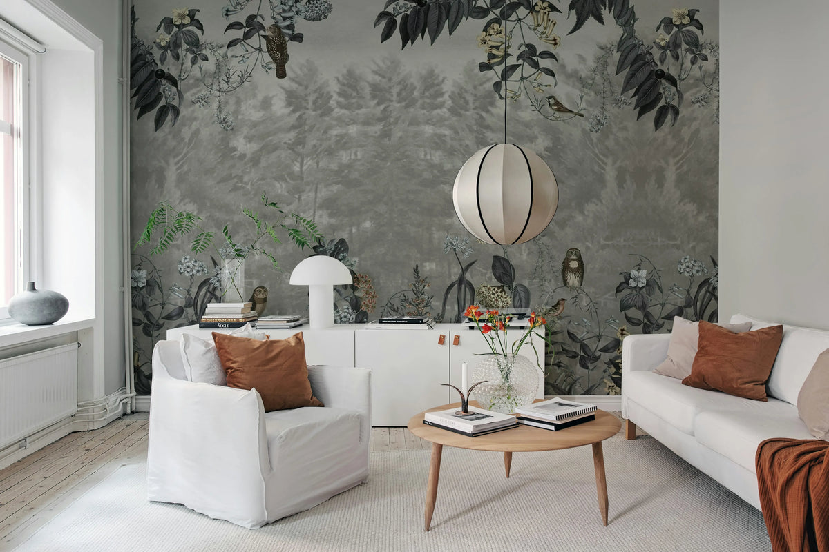 Owl Forest, Gray Mural Wallpaper - room preview 02
