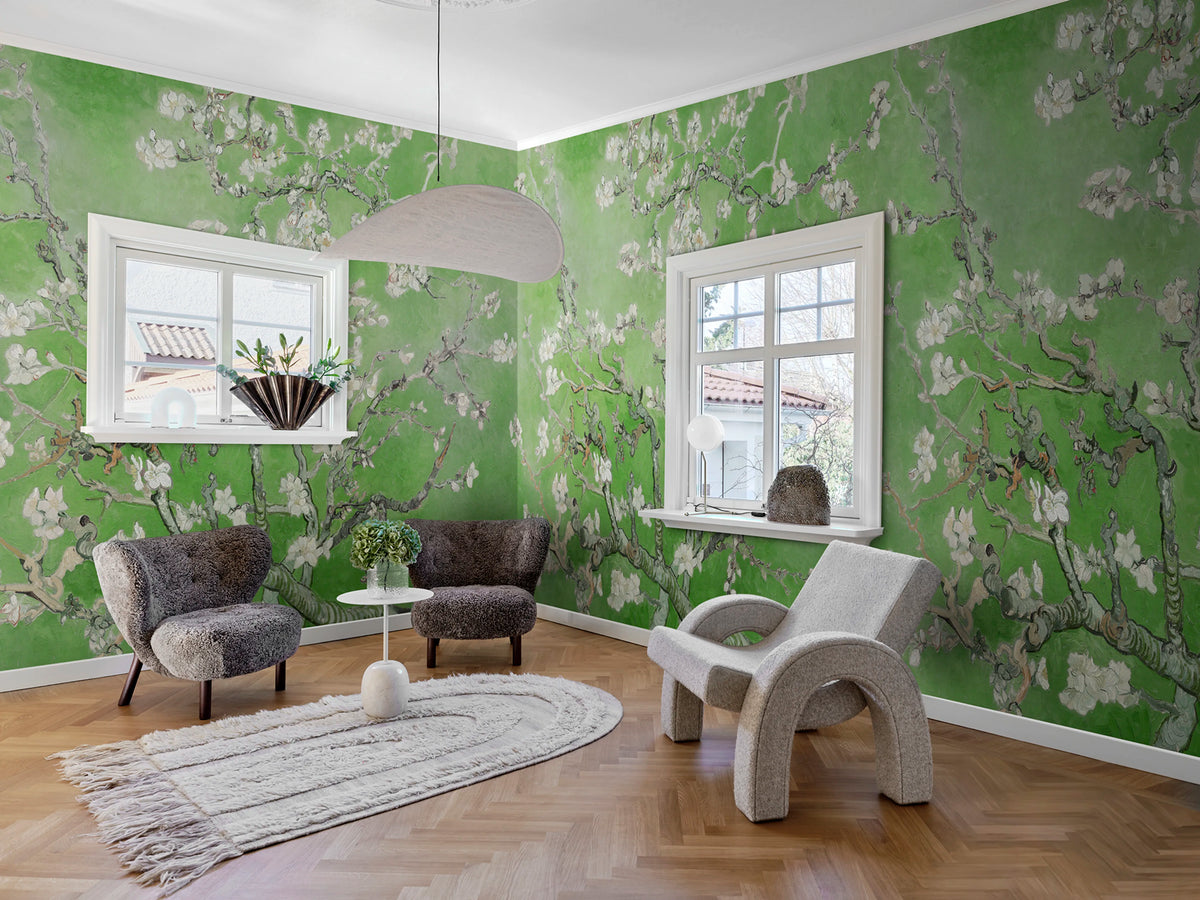 Almond Blossom, Green Mural Wallpaper - room preview 02